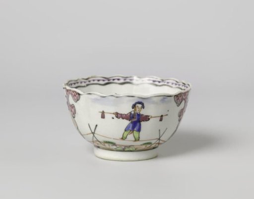 Cup with three Chinese acrobats and landscapes in panels