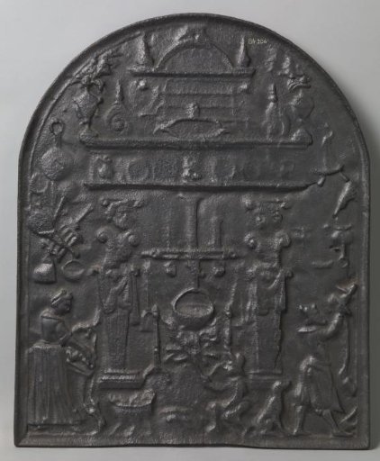 Hearth plate with a representation of a kitchen interior with several figures
