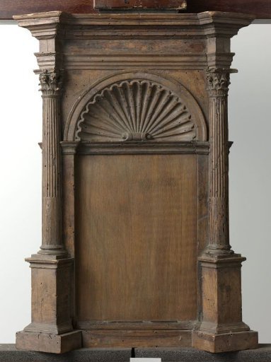 Decoration, with Corinthian Columns Placed Diagonally on Pedestals, Between Which a Segmental Arch Supported by Pilasters, Filled with Shells (Fragment)