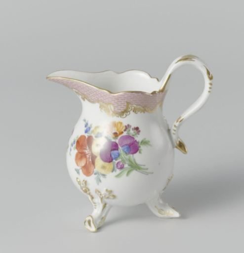 Milk jug, multicolored painted with floral bouquets