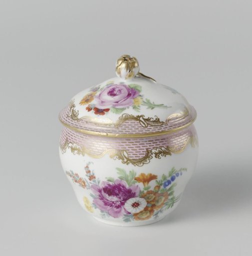 Sugar pot with lid, multicolored painted with floral bouquets