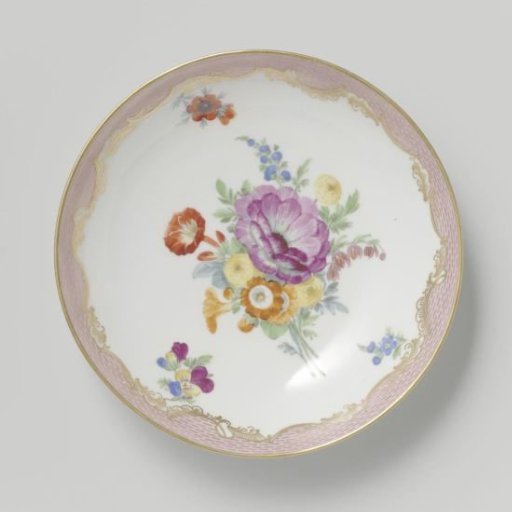 Dish, multicolored painted with floral bouquets.