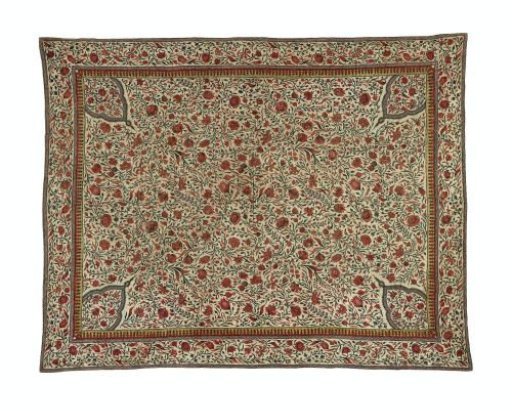 Children's blanket or spread of cotton, quilted and embroidered, with a pattern of floral scrolls