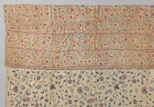 Spread of white twill with tambour work, to which a piece of chintz is sewn