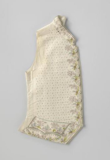 Waistcoat of cream-colored taffeta, embroidered with multicolored floral motifs and lined with cream silk; back of white cotton.