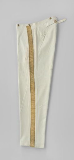 Long Trousers of White Cloth with Copper Buttons, Waist with V-shaped Split and Straps with Gold Buckles; Trimmed along the Legs with Gold Braid with Leaf Scroll
