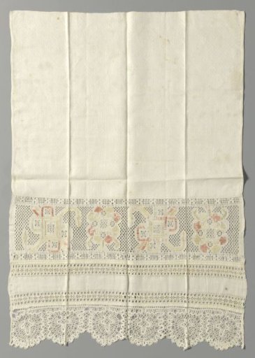Patch of Linen Damask with Lace Embroidery and Bobbin Lace with Geometric Motifs Adorned with Red and Gold-Coloured Embroidery
