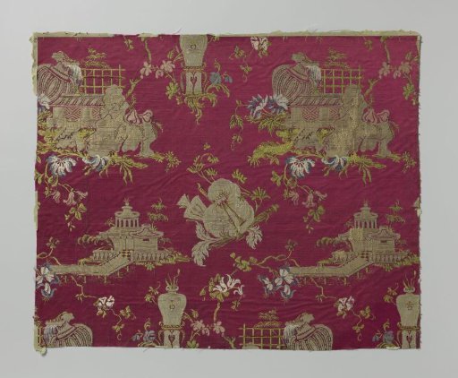Fragment of a red silk fabric with chinoiserie