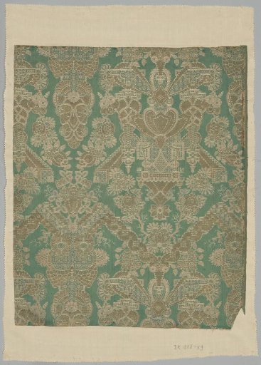 Silk brocade decorated with palm motifs and a country house