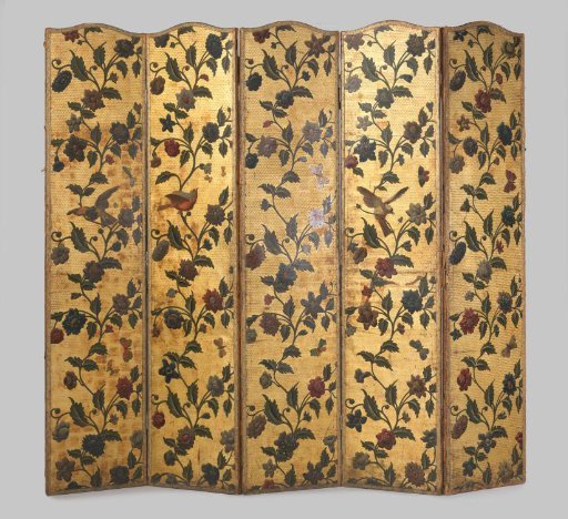 Room screen, five-leafed, tooled in gold leather with leaves, floral scrolls, birds and butterflies on a background of triangles