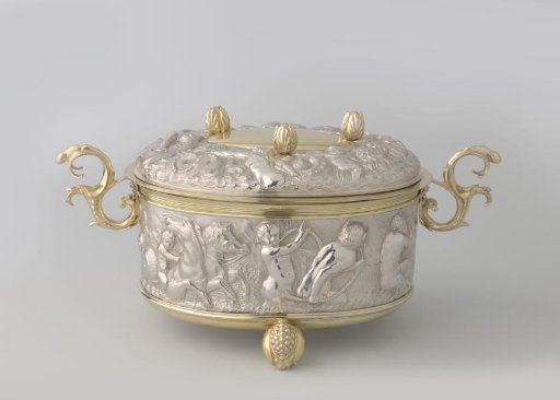 Paste pot on three legs in the shape of pomegranates, partially gilded