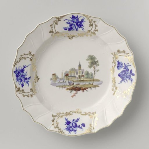 Plate with a cityscape and bouquets