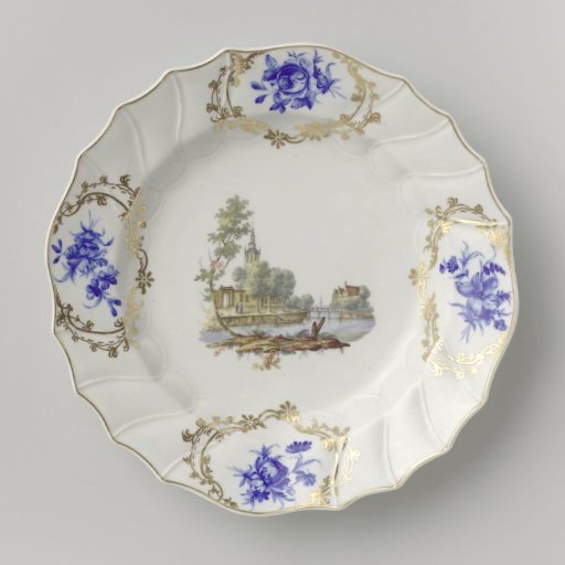 Plate with a cityscape and bouquets