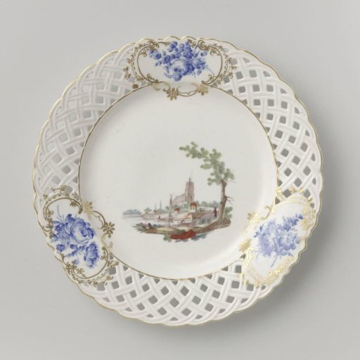 Plate with a cityscape and bouquets