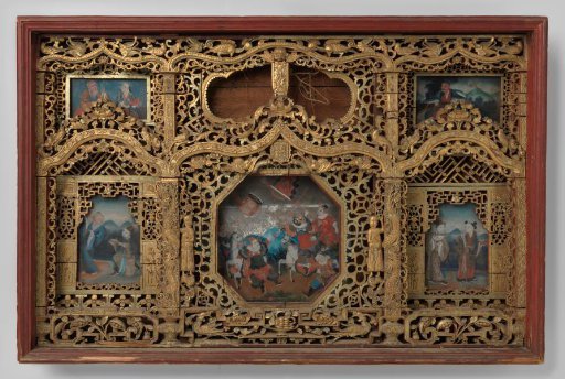 Altarpiece of gilded, carved wood and painted glass panels