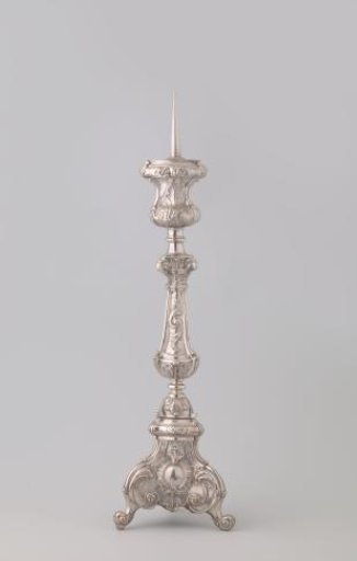 Silver Altar Candlestick, Baluster-shaped, on Three Scroll-shaped Feet. Decorated with Leaf Motifs and Rocaille Work.