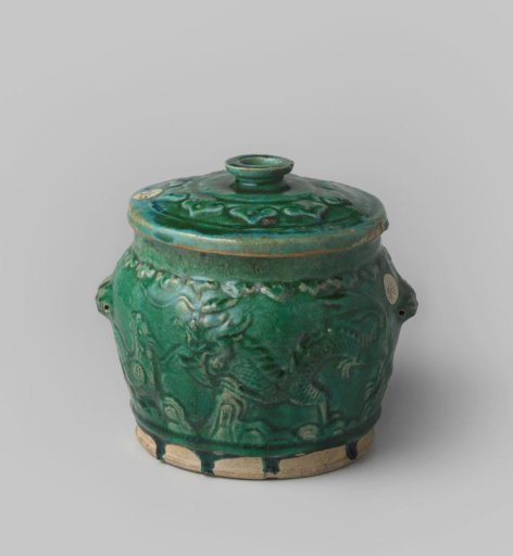 Pot, Green Glazed with Relief Animal Figures