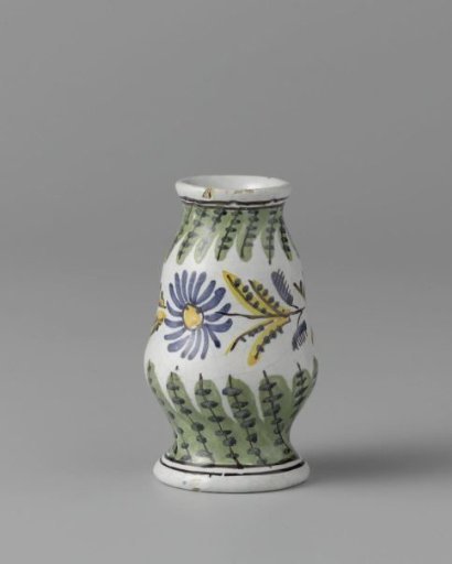 Vase on a round foot with a constricted body, tapering towards the top and ending in a rim