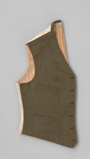 Jacket with four pockets, 6 brown buttons with orange stripe and lapels of green silk (?) with zigzag edges, interrupted by green and green-purple blocks; back of white cotton.
