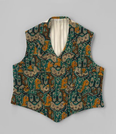 Vest with four pockets, 6 padded buttons and lapels of wool and silk (?) in an abstract motif in green, yellow, black, brown and beige; back of white cotton (?)