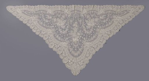 Triangular shawl of needle lace with lilies and poppies