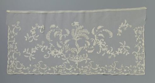 Appliqué lace with Japanese decoration and mimosa sprigs