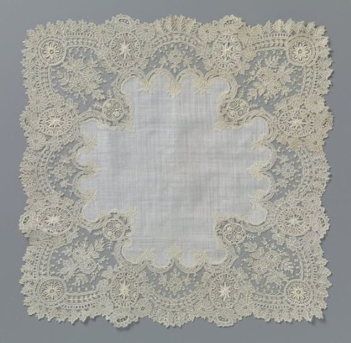 Handkerchief with a border of needle lace with eight ovals and eight circles