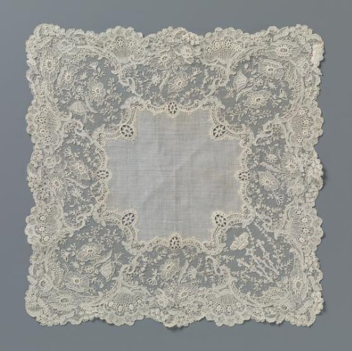 Handkerchief of needle lace with a crowned W in embroidery