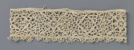 Strip of crocheted lace with reticella motifs