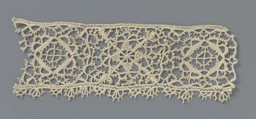 Strip of crocheted lace with reticella motifs