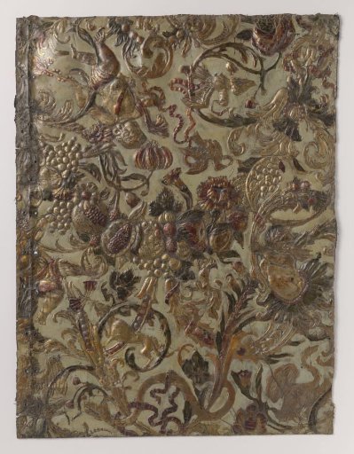 Sheet of raised gold leather, decorated with a festoon composed of fruits, floral and leafy vines, putti, birds, a dog, a fox (?), a snake, and ribbons