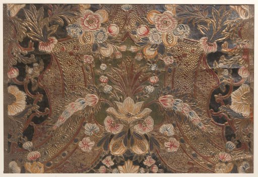 Fragment of a paper wallpaper strip (imitation raised gold leather) with a symmetrical pattern of strapwork, festoons, floral and foliate scrolls, and palmettes in the Louis XIV style