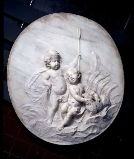 Two putti and a lamb