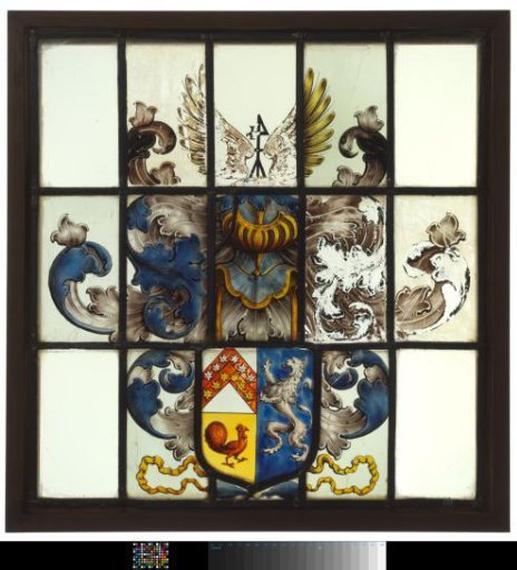 Coat of arms pane with a silver lion, a red rooster, and yellow stars on a red band