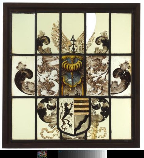 Pane with a coat of arms featuring a black lion on a silver field