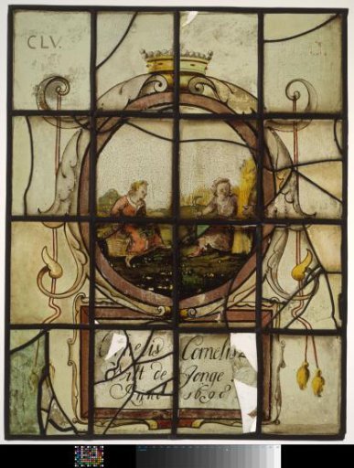 Pane with two women in a cornfield and inscription "Cornelis Cornelisz Wilt de Jonge Anno 1698"
