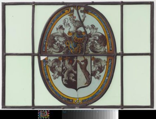 Coat of arms pane with a standing lion and a unicorn