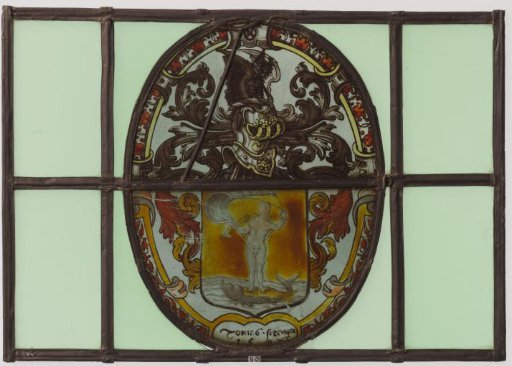 Window with a woman on a dolphin and the inscription "Jonas Strenga 1597"