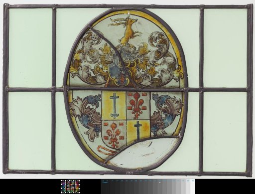 Quartered shield with two coats of arms, with a helm featuring a stag and a rose, and the inscription "Anton van Riebeck Gurchijn 1624"