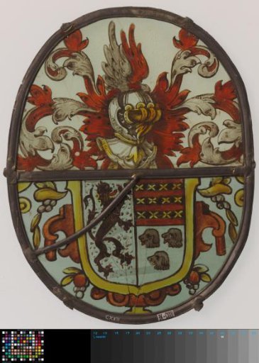 Shield with a coat of arms featuring among others three dog heads and a climbing lion