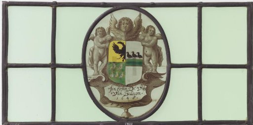 Pane with coat of arms and inscription "Jan Eersten De Vries Van Bellecom 1648"