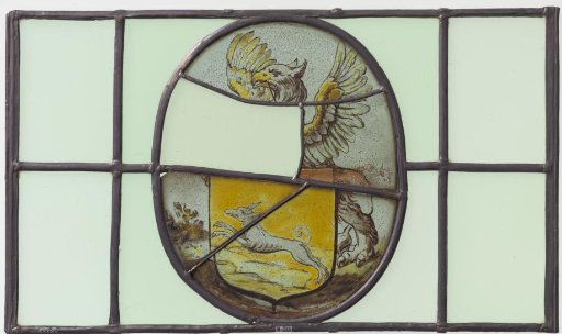 Quartered shield with a coat of arms featuring a griffin and a greyhound