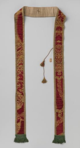 Stole of red velvet and gold thread, gold passementerie and green fringe