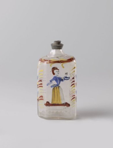 Octagonal flask with a female figure and the inscription: mache balt. sonst werde ich alt