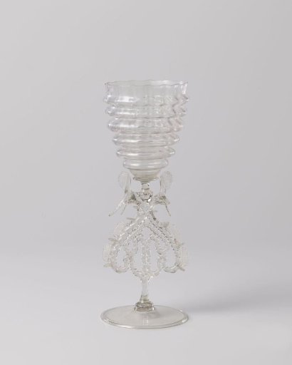 Winged glass with optically blown, vertically ribbed, six-fold waisted bowl