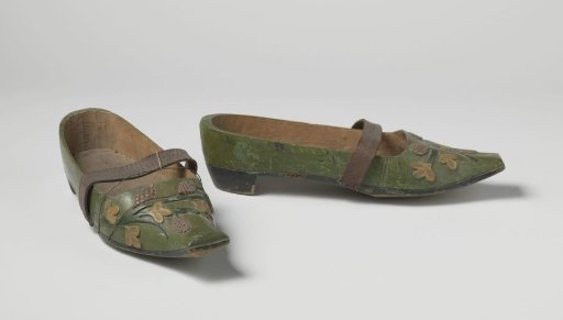 Ladies' clog painted with solid moss-green paint and decorated with fruit and leafy tendrils