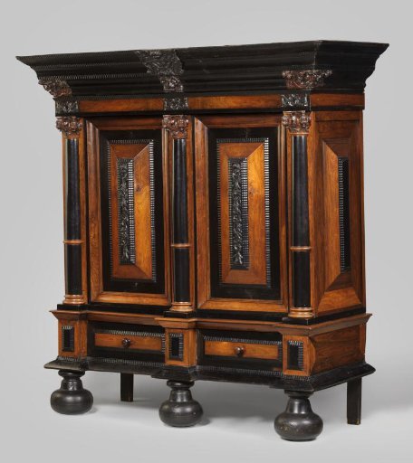 Cushion Cabinet with Cherubs and Festoons on the Cushions; Pedestal with Two Drawers