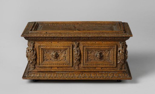 Chest decorated at the corners with herms; within the frames cartouches containing cherubs