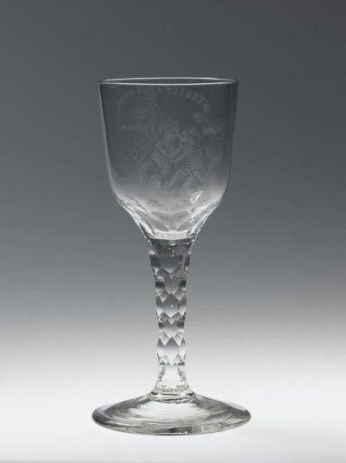 Chalice glass with three children and a scroll with the inscription L'AMITIE