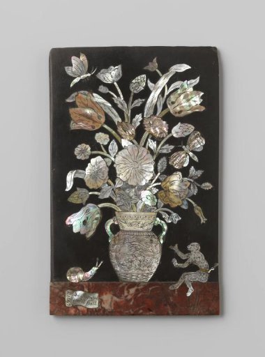 Panel with an inlaid representation of a vase with flowers, a monkey and a snail